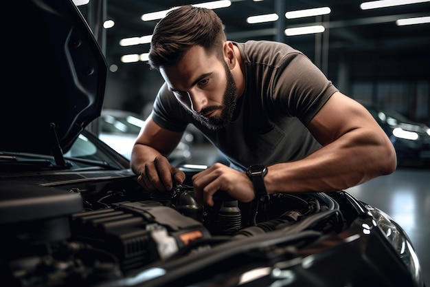 Shot of a mechanic checking an engine and examining the hood of a car created with generative ai