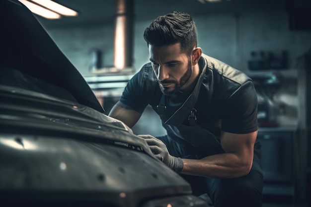 Shot of a mechanic working in an auto repair shop created with generative ai