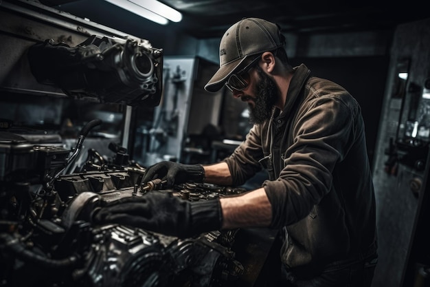 Foto inquadratura di un meccanico che lavora su un motore in un garage creato con l'ia generativa