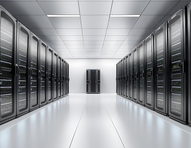 Снимка современного центра обработки данных с несколькими рядами полностью действующих серверных стойки современных высоких технологий