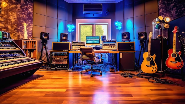 Shot of a Modern Music Record Studio Control Desk with Computer Screen show User Interface of DAW