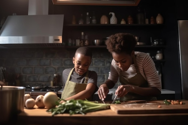 Photo shot of a mother and her son cooking together in the kitchen at home created with generative ai