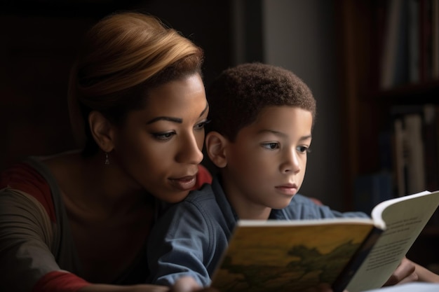 Photo shot of a mother and son reading together