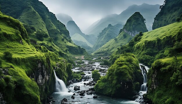 Shot of mountain waterfall partially hidden by mist