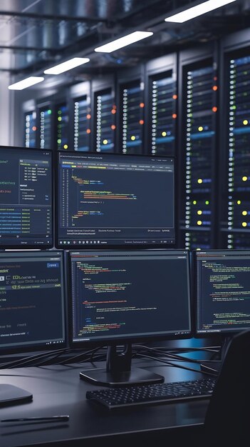 shot of multiple personal computer monitors showing coding language program with system monitoring