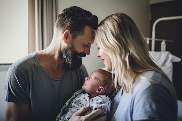 생성 AI로 생성된 신생아와 결합하는 새로운 엄마와 아빠의 사진