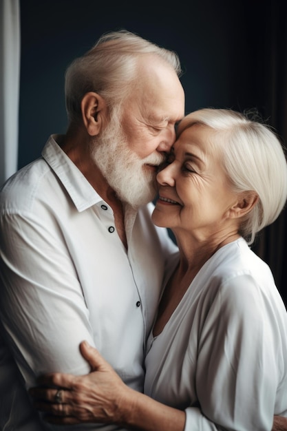 Фото Снимка веселой пожилой пары, обнимающейся дома.