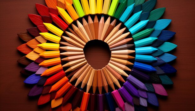 Фото Фото цветного колеса, сделанного полностью из цветных карандашей