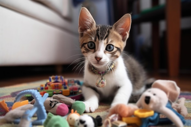 写真 生成 ai で作成された、おもちゃを持って床に座っているかわいい子猫のショット