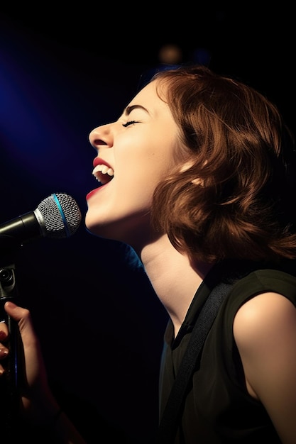 Фото Кадр женщины-музыканта, поющей в микрофон