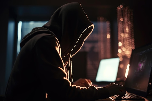 写真 フードをかぶったハッカーが隠れ場所からコンピューターにハッキングしているショット
