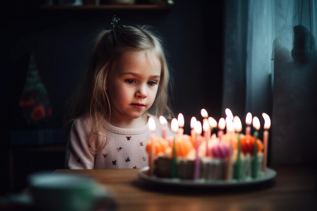 Фото Снимок маленькой девочки, задувающей свечи на торте, созданный с помощью генеративного ии