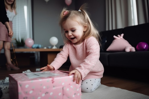 写真 誕生日プレゼントを開ける少女のショット