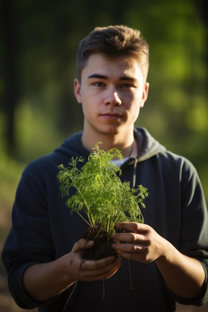 写真 植える苗を掲げる若い男性のショット