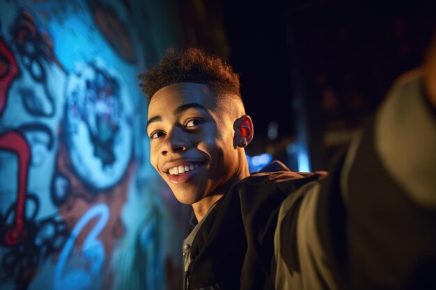 Фото Снимка молодого человека, позирующего для селфи с граффити ночью, созданная с помощью генеративного искусственного интеллекта