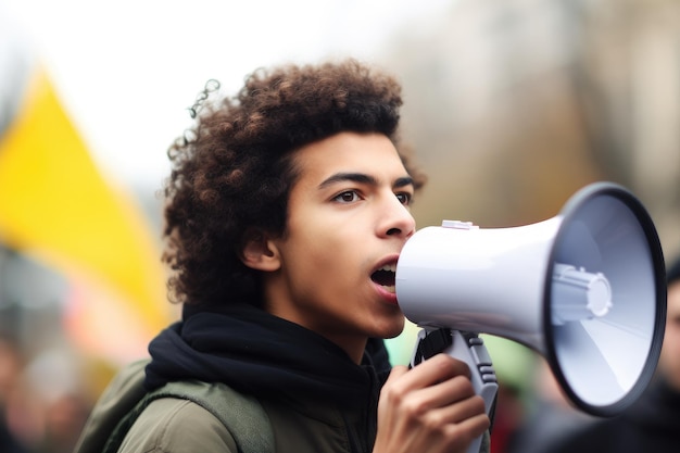 Фото Снимок молодого человека, использующего мегафон во время экологического протеста, созданный с помощью генеративного ии