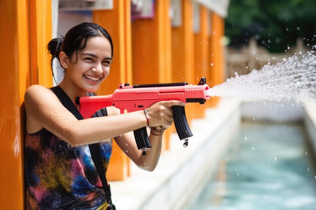 写真 shot of a young woman holding a water pistol at the temple in thailand created with generative ai