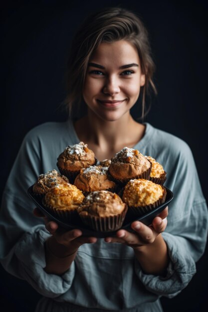 Фото Снимка молодой женщины, держащей свежевыпеченные кексы.