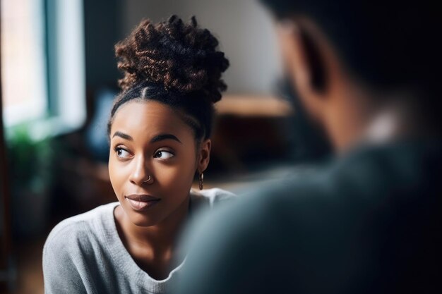 写真 自宅でボーイフレンドと会話している若い女性のショット