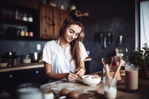 写真 生成 ai で作成されたキッチンで何かを作る若い女性のショット