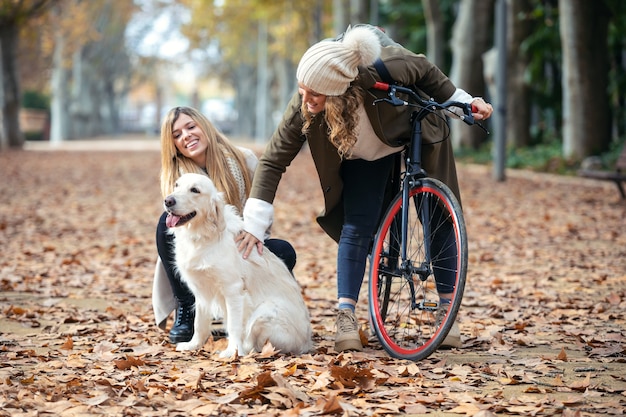 秋に公園で犬と一緒に行く間、公園を歩いてサイクリングしている2人の美しい友人のショット。