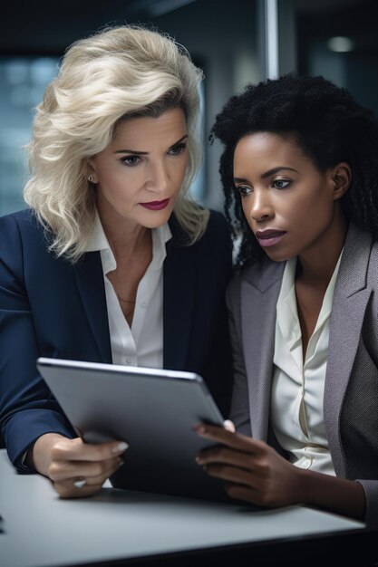 Фото Снимок двух деловых женщин, работающих вместе на цифровом планшете в офисе