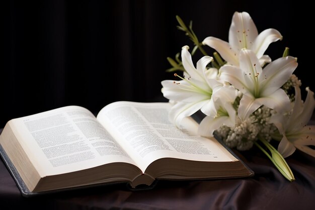 写真 開い た 聖書 の 隣 に 置か れ た 白い リリー の 写真