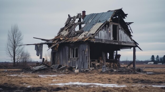 shot of an old abandoned and halfdestroyed house in a large brownfield under gray sky