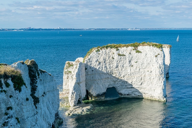 Shot of Old Harry Rocks chalk formations, Handfast Point,  Purbeck