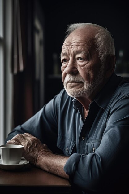 Shot of an older man having a coffee at home created with generative ai