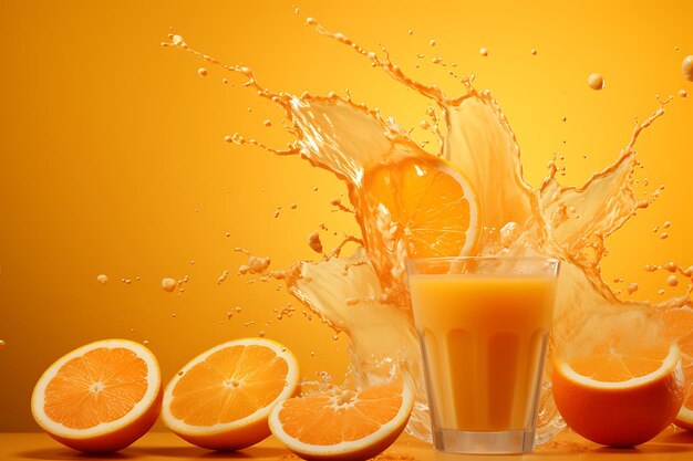 Shot of orange juice and slice of orange splash wave