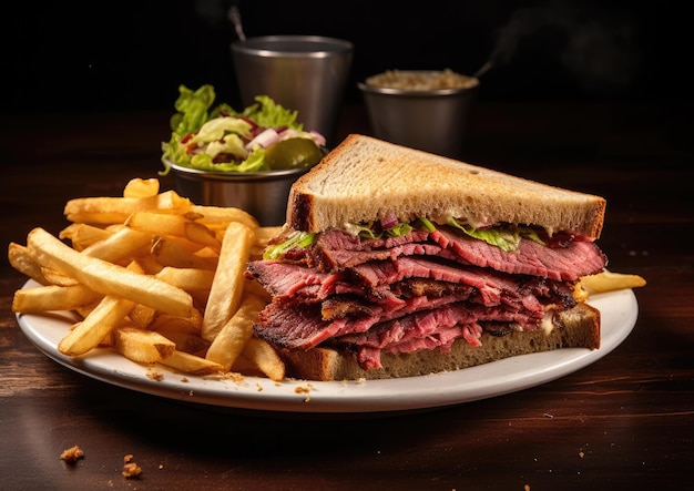 A shot of a pastrami sandwich with a side of crispy fries