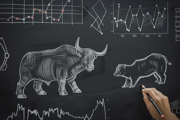 Photo shot of person drawing chalk bull and bear on blackboard