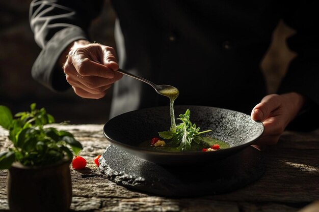 黒い皿からスプーンで中華料理を食べる人のショット