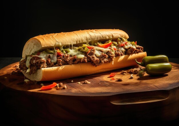 A shot of a Philly cheesesteak with a side of a pickle spear