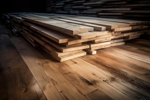 ジェネレーティブAIで作られた床に積み重ねられた木板のショット