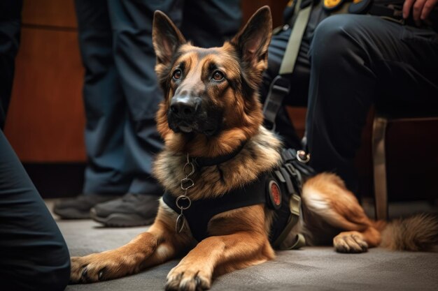 Foto fotografia di un cane poliziotto seduto con il suo gestore