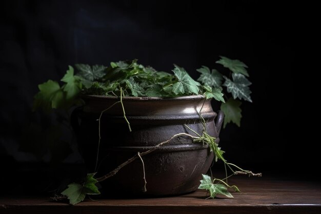 Shot of a pot with vine on the surface created with generative ai