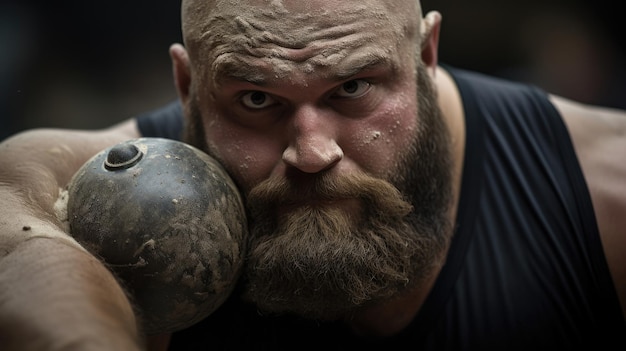 Shot putter's intense focus taut muscles for powerful throw