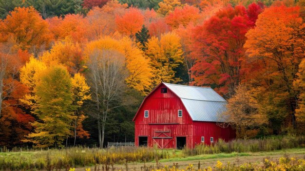 Shot of a red barn surrounded by vibrant autumn foliage