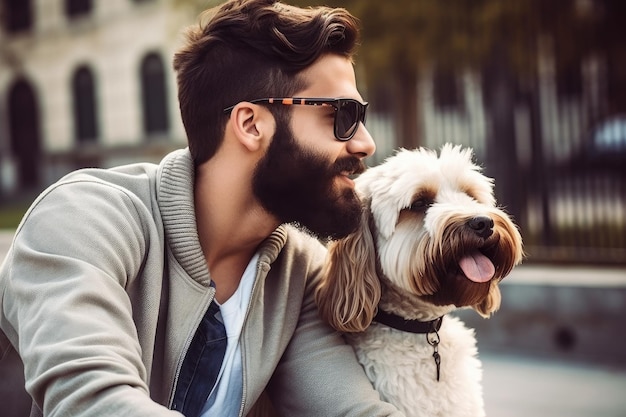 Shot of a relaxed young man hanging out with his dog created with generative ai