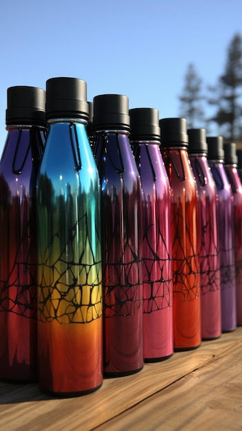 Снимок многоразовых бутылок с водой, выстроенных в ряд, фотореалистичные UHD обои