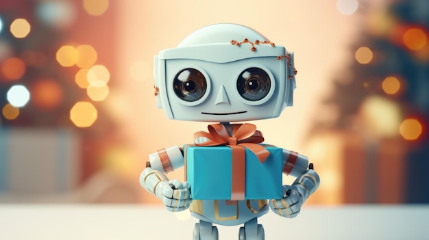 Photo shot of robot holding a small gift box holidays and celebration concept