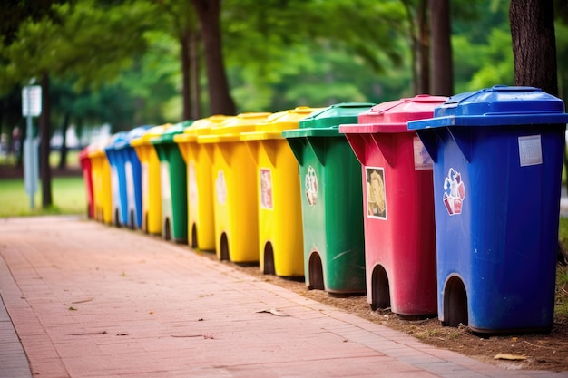 A shot of a row of recycling bins in a well maintained city park Generative AI