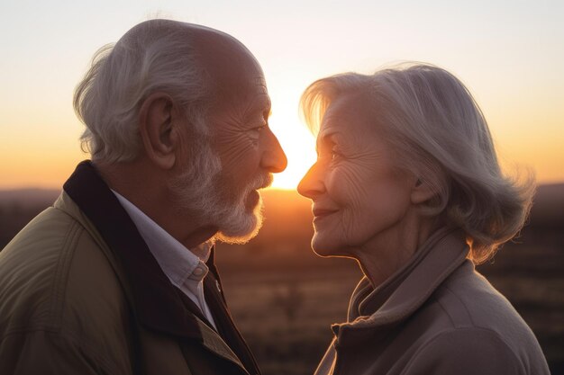 Shot of a senior couple looking at the sunset together created with generative ai