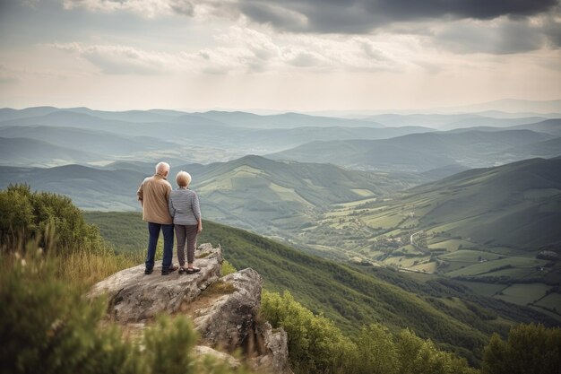 Shot of a senior couple looking at the view from the top of a mountain created with generative ai