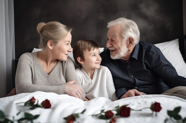 Снимок пожилой пары, лежащей на кровати со своим внуком, созданный с помощью генеративного ИИ