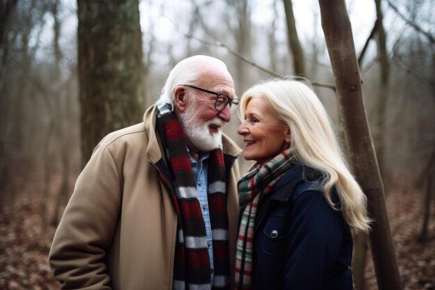 Shot of a senior couple standing together in the woods created with generative ai