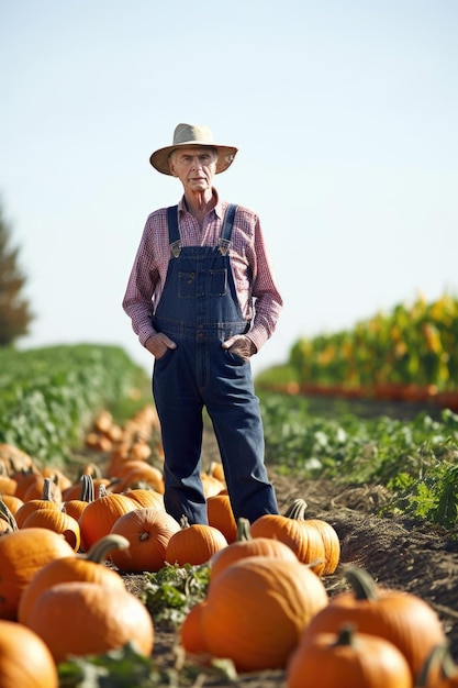 Shot of a senior farmer standing in pumpkin field created with generative ai