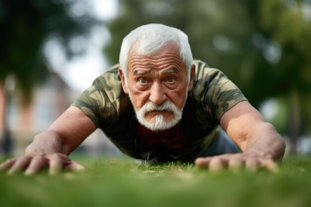 Shot of a senior man doing push ups while exercising in a park